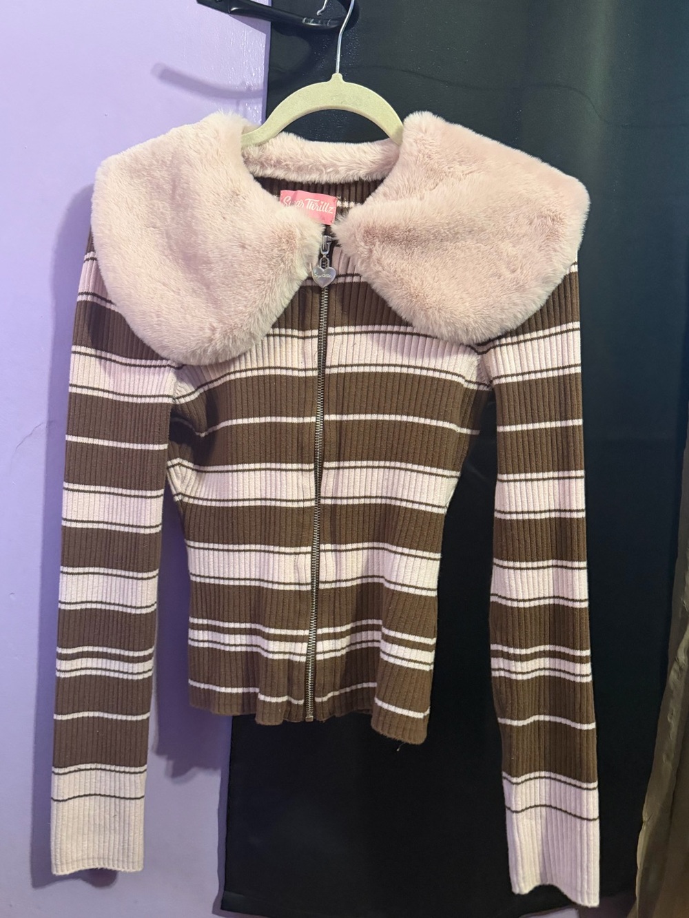 Sugar Thrillz Faux Fur Collar Striped Zip-Up Jacket - Pink & Brown size Md/Large